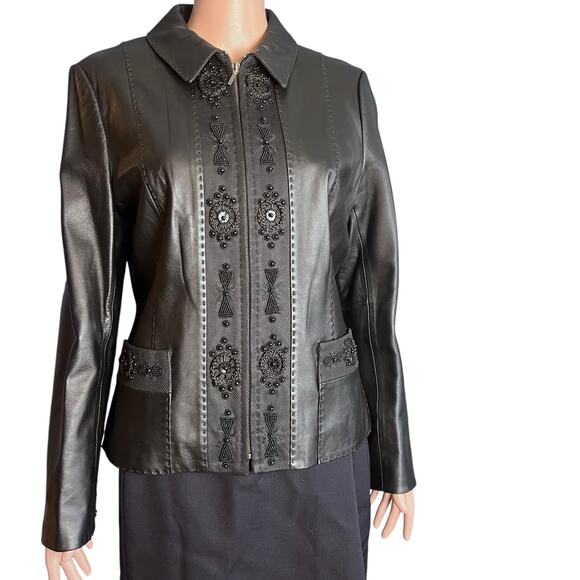 Talk of The Walk Black Leather Jacket M Beaded Luxe Glam Preppy Old Money Y2K - Picture 1 of 8